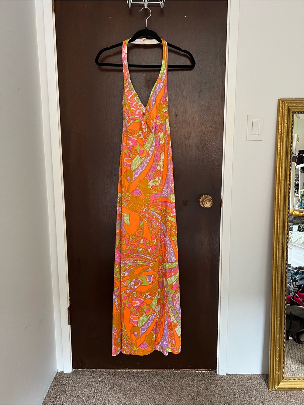 Vintage 1970s Vibrant Orange & Pink Halter Maxi Dress